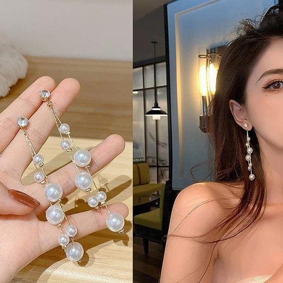 Long Gold Pearl Earrings - Picture 3 of 5